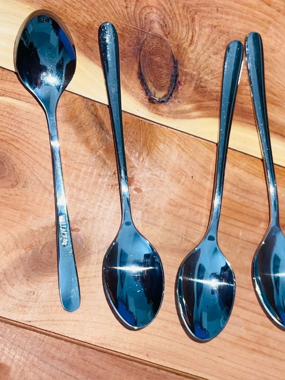 4 Wallace Stainless Steel, Demitasse Spoons, Espresso Coffee Spoons, Stamped.